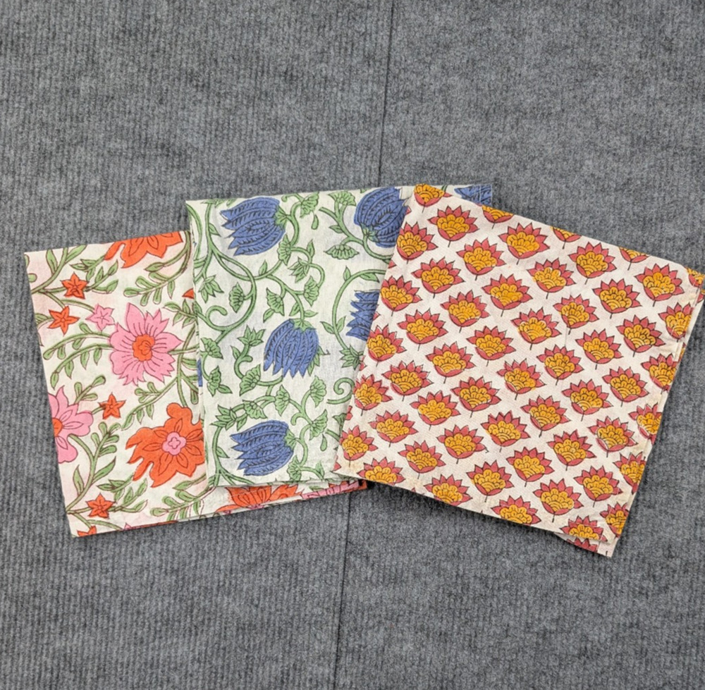 Block Print Cotton Tea Towels Set 15" Square Bandana Floral Boho Cottage Hippie